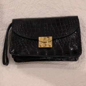 Black Crocodile-Embossed Clutch with Gold Accent